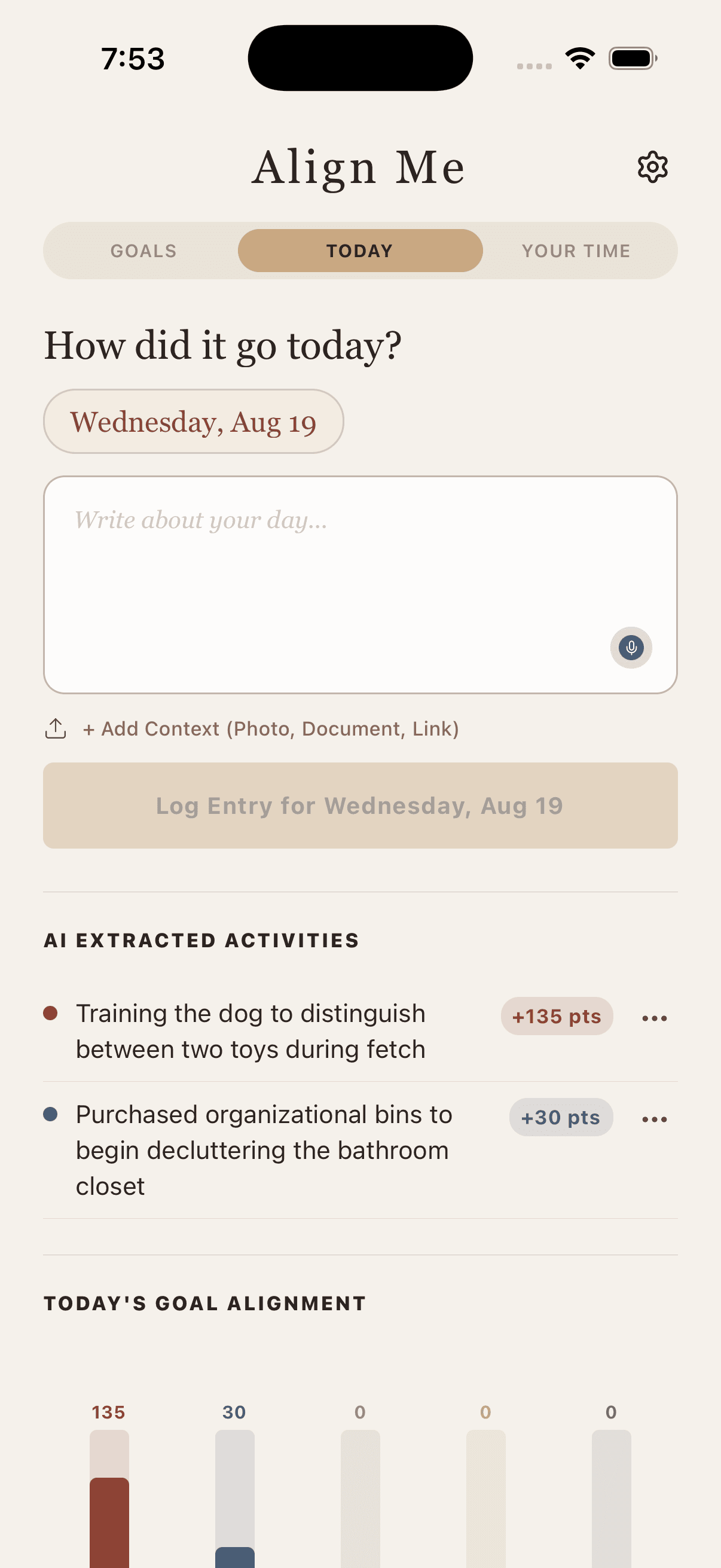 AlignMe daily journal screen showing AI-extracted activities and goal alignment